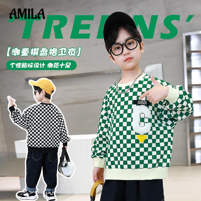 Áo thun AMILA tay dài họa tiết caro tùy chọn màu sắc thời trang mùa thu cho bé trai