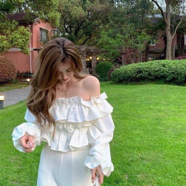 Áo Trễ Vai Tay Bồng Chất Đẹp Mịn Ulzzang - Áo Dài Tay Kiểu Sang Chảnh Voan Dày( Hàng Có Sẵn, Ảnh Thật)