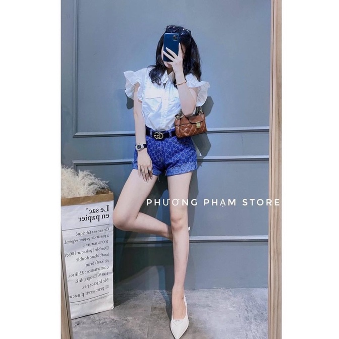 Set áo sơ mi cánh tiên mix quần short kèm đai