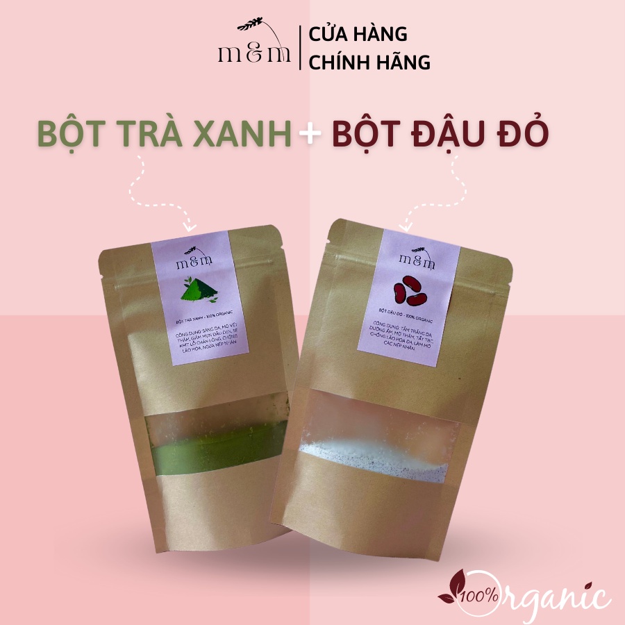 Combo Bột Trà Xanh + Bột Đậu Đỏ Đắp Mặt, Tắm Trắng, Nguyên Chất, Hữu Cơ, Handmade, Trắng Da, Mờ Thâm Sạm