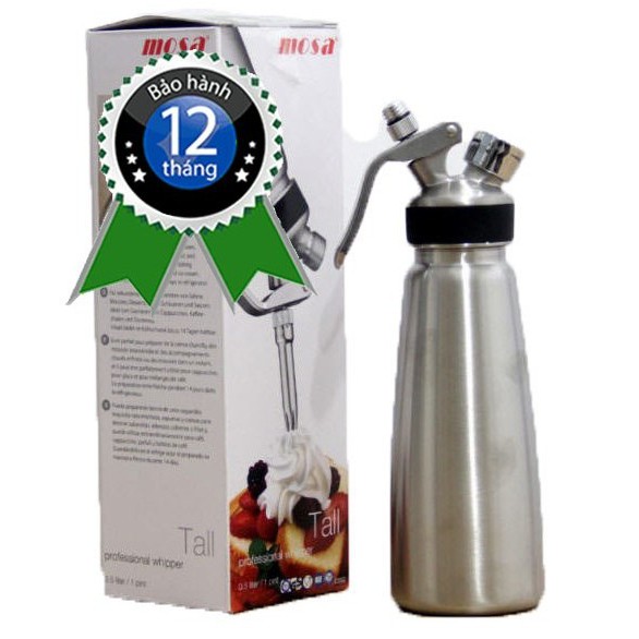 Bình Xịt Kem Tươi Mosa Inox 0.5L - Hàng Nhập Đài Loan - Bình + 1 hộp gas