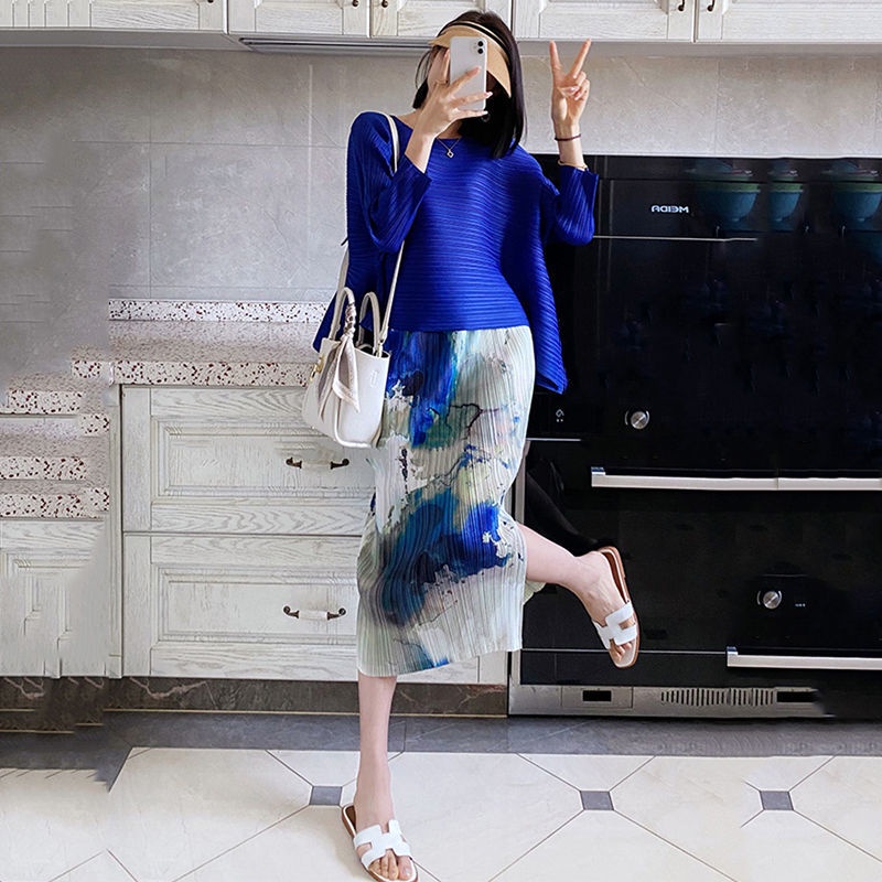Chân váy da màu hồng Chân Váy Lưng Cao Xếp Ly In Màu Nước Phong Cách Retro