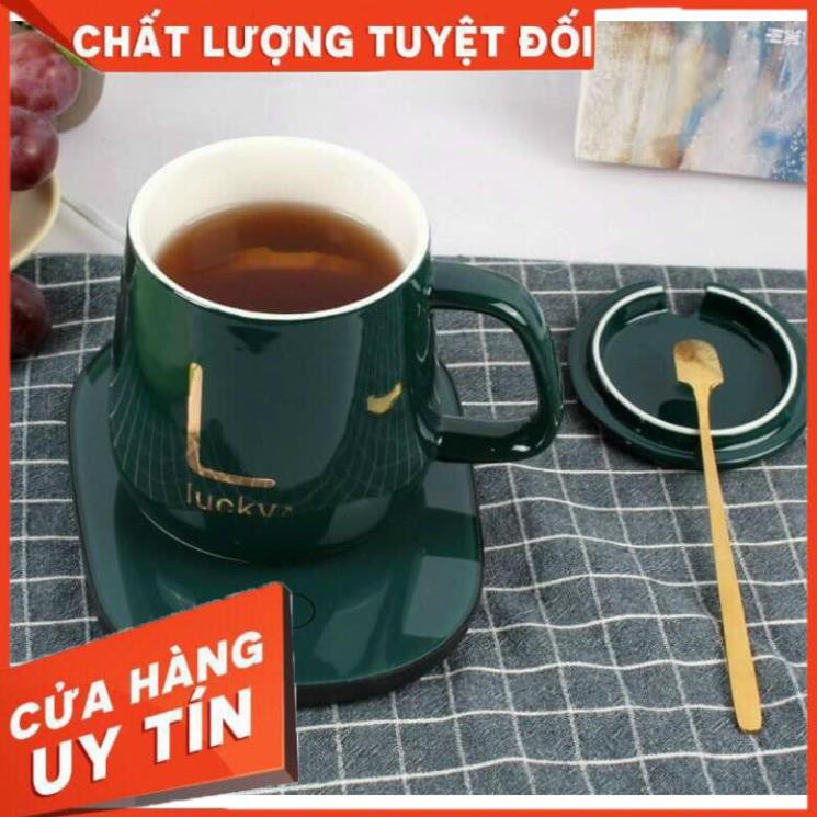 [Hàng loại 1] Bộ cốc hâm nóng cafe gồm cả đế điện, thìa vàng, hộp sang trọng