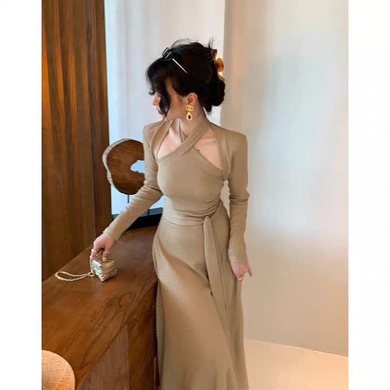 Set Váy Len Yếm Kèm Cardigan Khoác (Ảnh Video Thật) Đầm Len Cổ Yếm Hàng Quảng Châu Loại 1 Dày Dặn | BigBuy360 - bigbuy360.vn