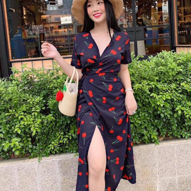 Bigsize đầm Cherry xẻ tà 60kg-90kg