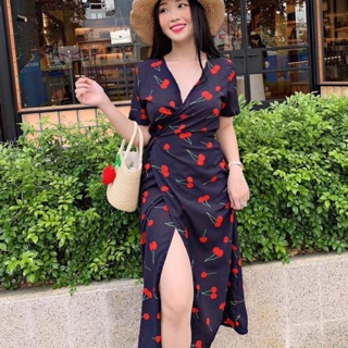 Bigsize đầm Cherry xẻ tà 60kg-90kg