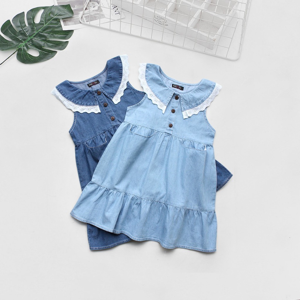 Đầm jean cotton cổ ren bé gái, size 12-36kg