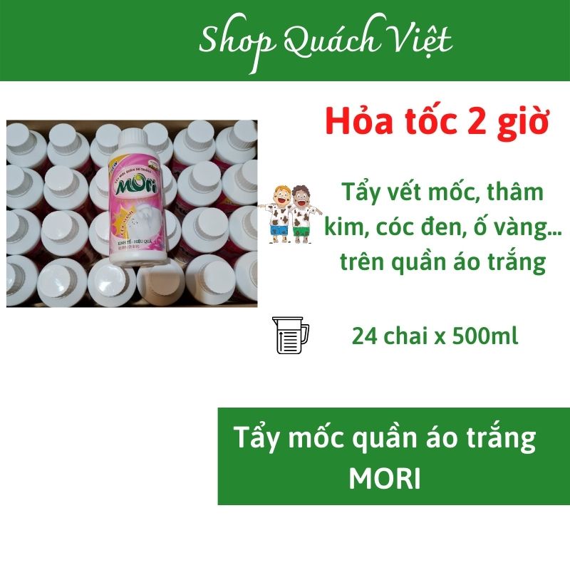 Tẩy mốc quần áo trắng mori, tẩy mốc, tẩy ố, tẩy vết thâm kim trên quần áo trắng, thùng 24 chai x 500ml, quachviet208
