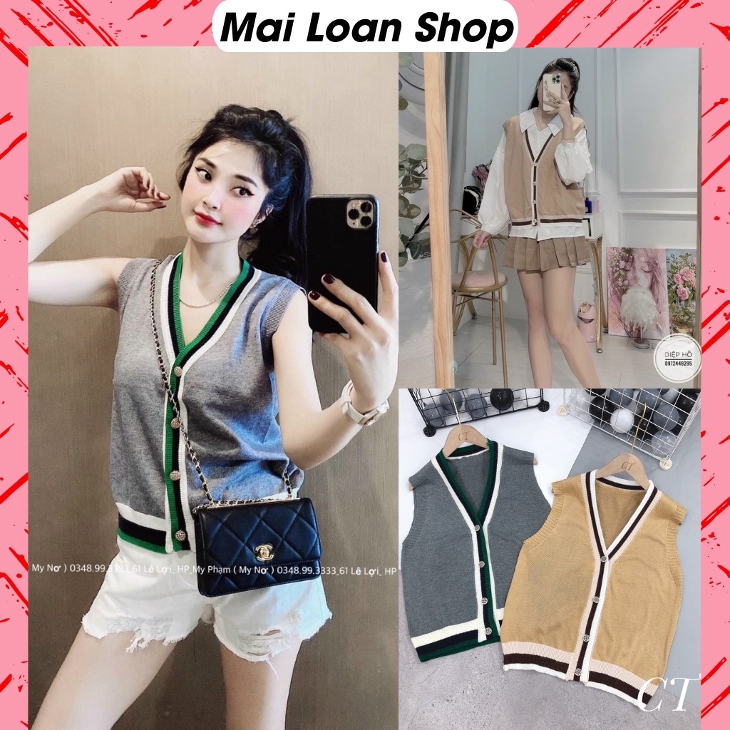 Áo Gile Nữ Ulzzang Cá Tính, Áo Len Thu Đông Viền Kẻ Cổ Tim Phong cách Hàn Quốc Cho Nữ.