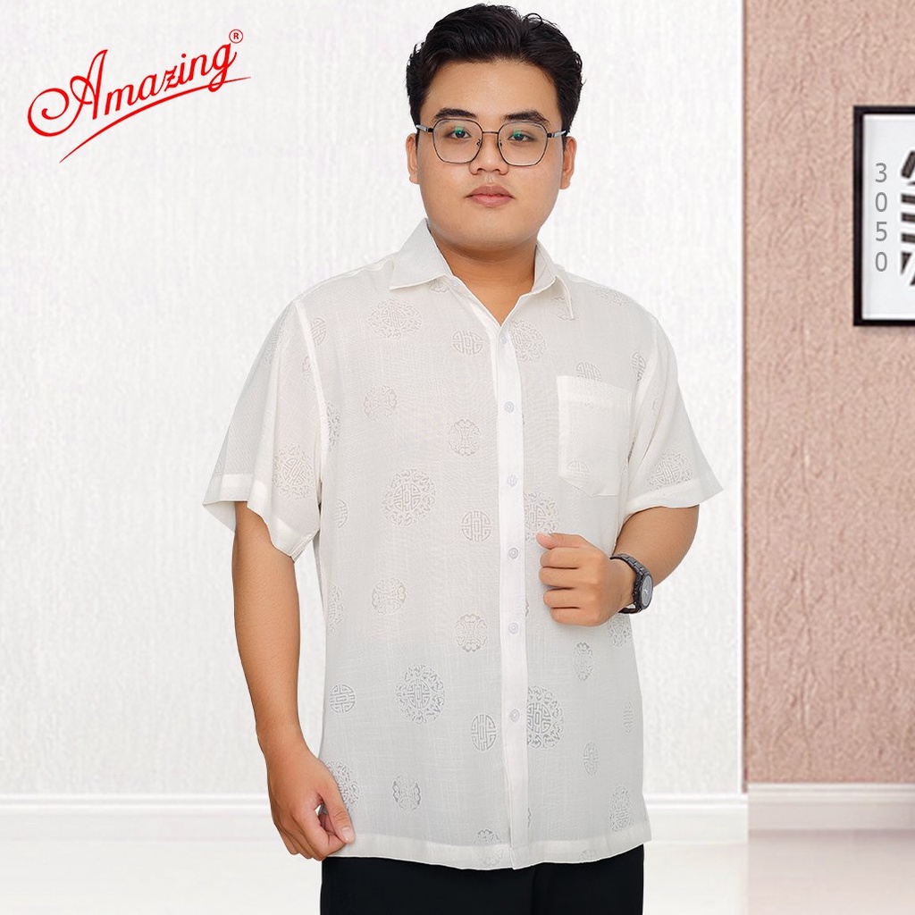 Áo sơ mi nam trung niên tay ngắn big size, hoạ tiết chữ thọ, màu sắc trang nhã, siêu phẩm mùa hè mát mẻ, hiệu Amazing