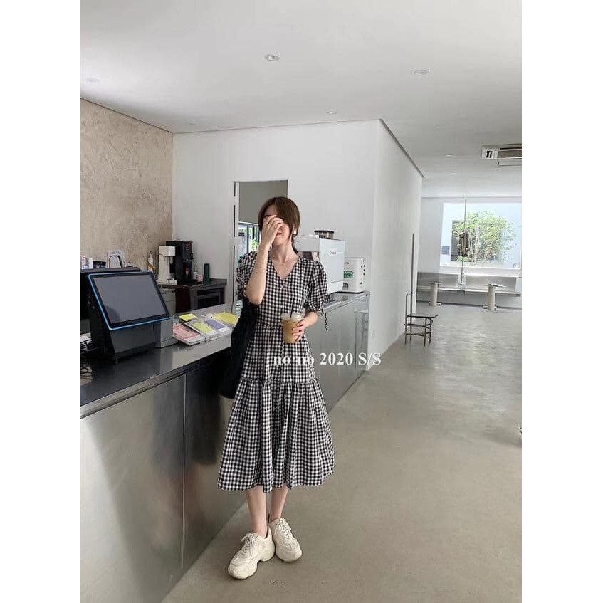 Bomi Dress - Đầm babydoll caro nút