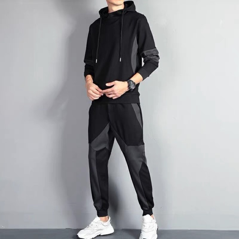 Bộ hoodie nam màu đen phối viền xám, set thể thao thu đông dài tay,OMAN BD50