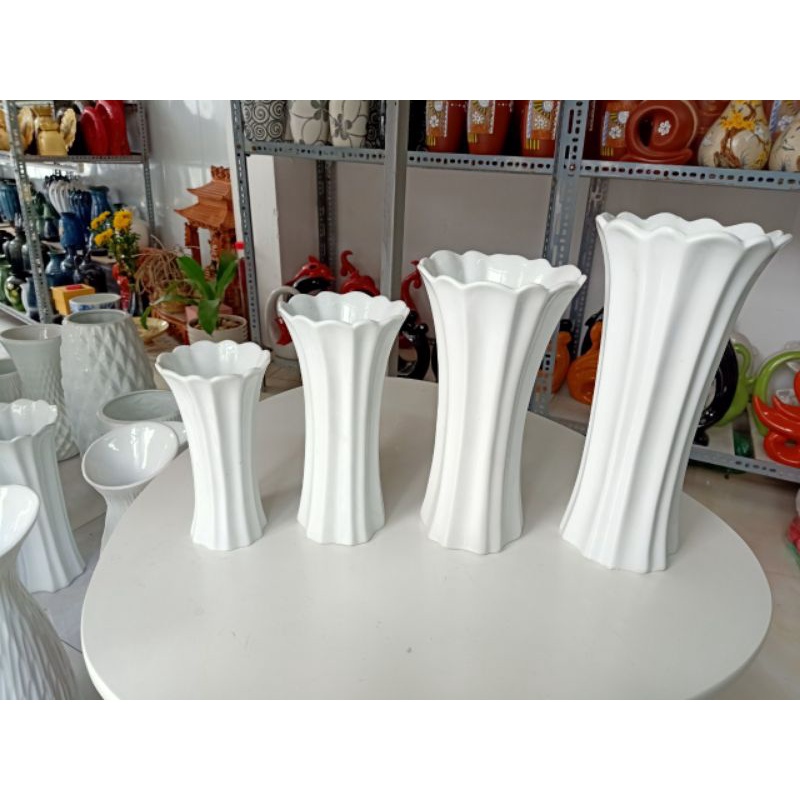Bình hoa lọ hoa cốc lượn men sứ trắng Bát tràng hàng đẹp cắm hoa quà tặng