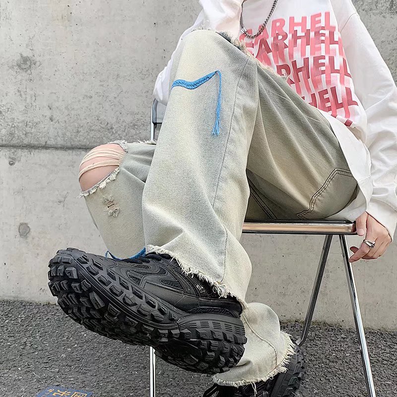 Quần Jeans Dài Rách Gối quần ống suông Thời Trang quần jean ống suông Dành quần baggy nữ quần jeans from rộng quần jean nam rách gối phong cách Hàn Quốc quần bò suông