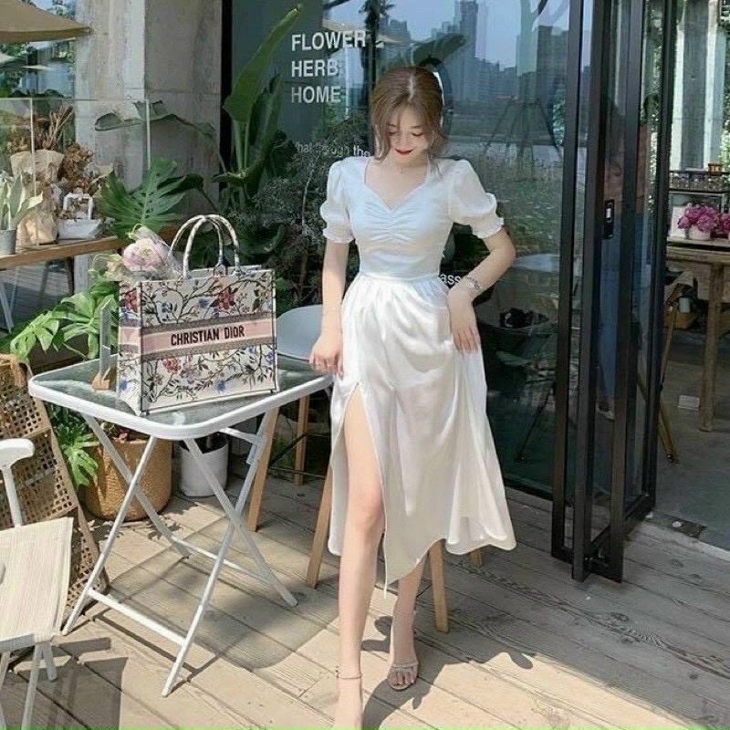 Đầm Nữ Xinh ⚡𝙎𝙄𝙀̂𝙐 𝙎𝘼𝙇𝙀⚡ Váy Nữ Tay Phồng Xẻ Tà Cổ Tim Chất Đũi Đũi Mềm Mịn Thoáng Mát - 85137