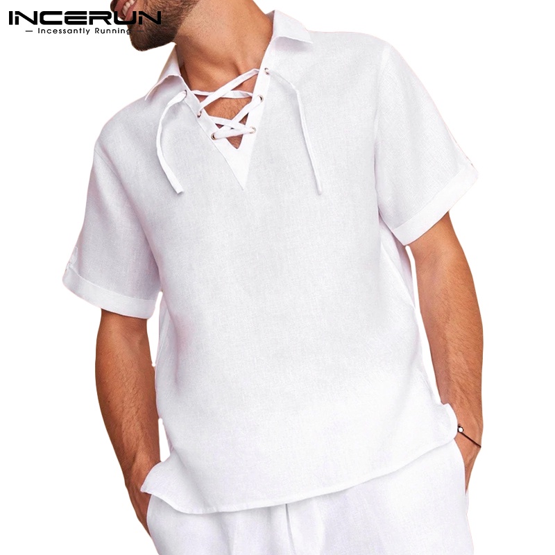 Áo sơ mi INCERUN màu trắng ngắn tay cột dây ở cổ thời trang hè cho nam