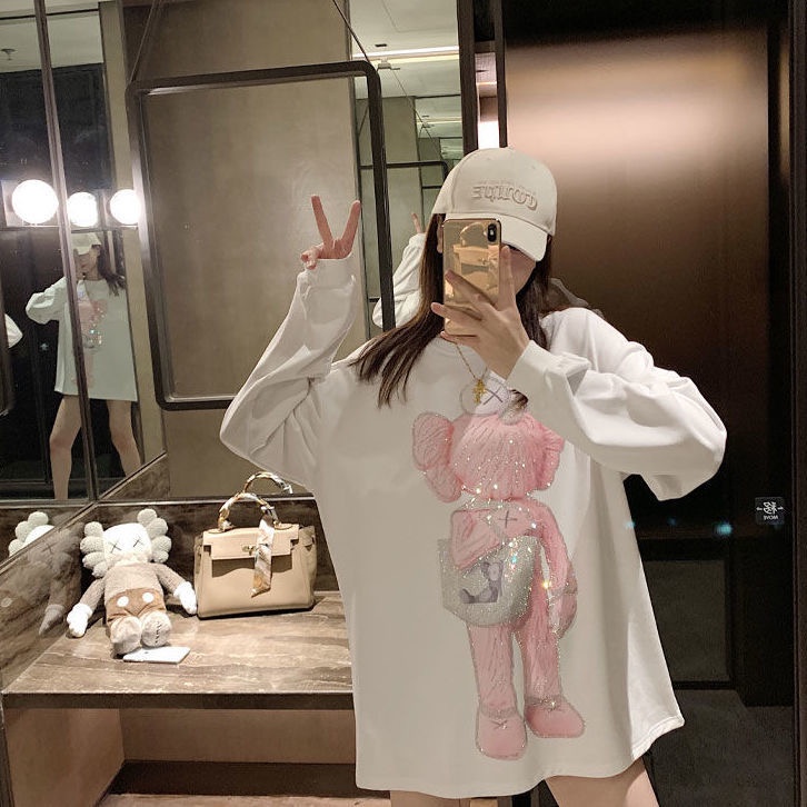 Áo thun ZHELIHANGFEI tay dài dáng rộng vải nhung in họa tiết dễ phối đồ