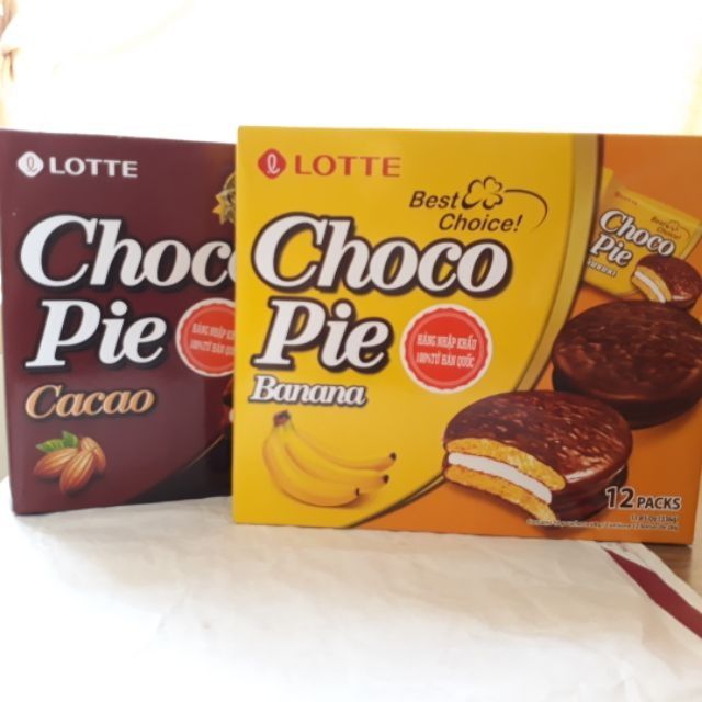 Bánh Lotte Chocopie Cacao/ Chuối / Trà Xanh Hộp 12 Cái (336G)- choco pie nhân marshmallow quà bánh tết rẻ
