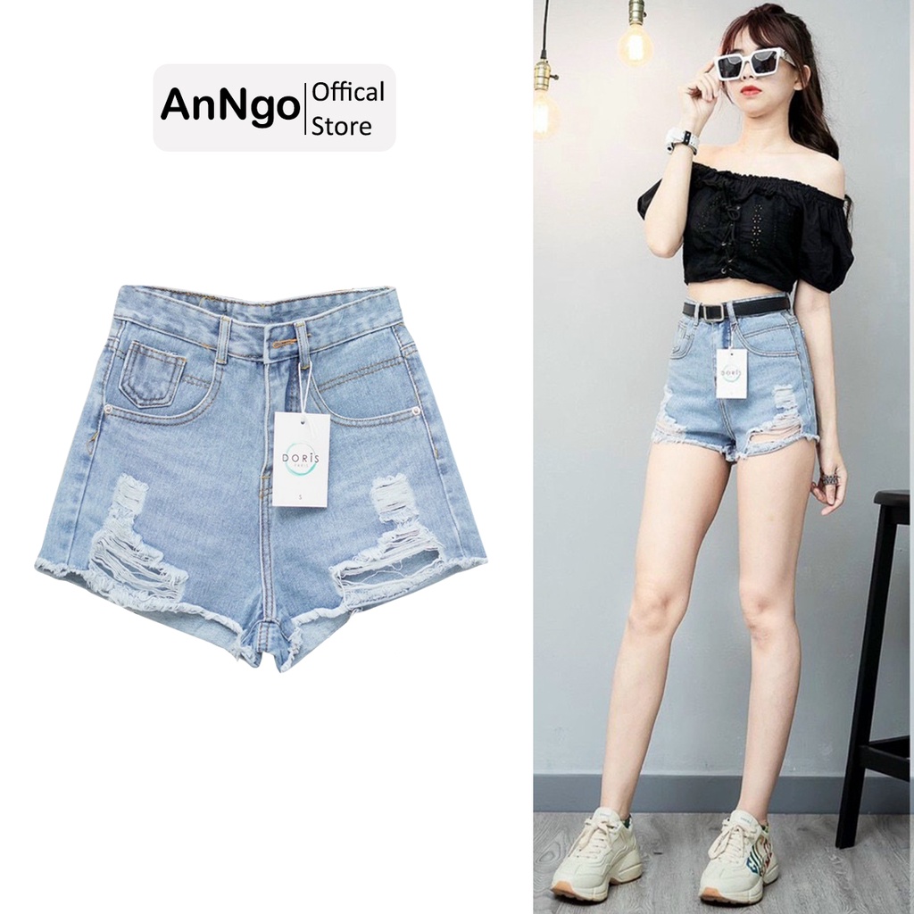 [FREESHIP_50K] Quần short jean nữ lưng cao phối rách denim cotton, rin ngắn phối rách AnNgo - AT87