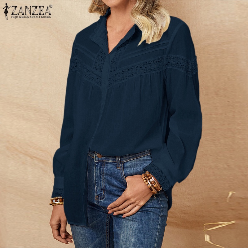 Áo sơ mi ZANZEA dài tay cổ bẻ phối ren phong cách Châu Âu thời trang cho nữ