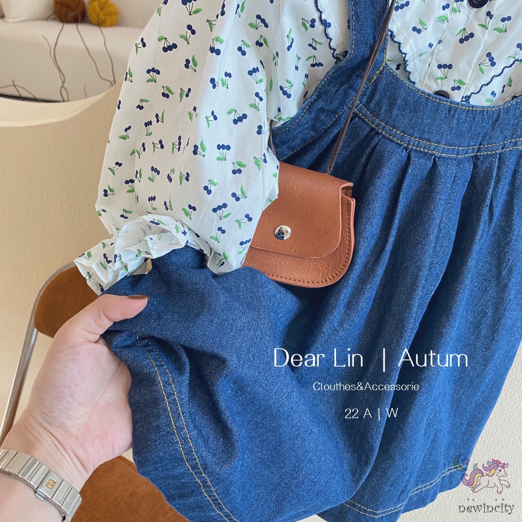 Bộ Áo In Hoa Dễ Thương + Chân Váy Yếm Denim Thời Trang Cho Bé Gái