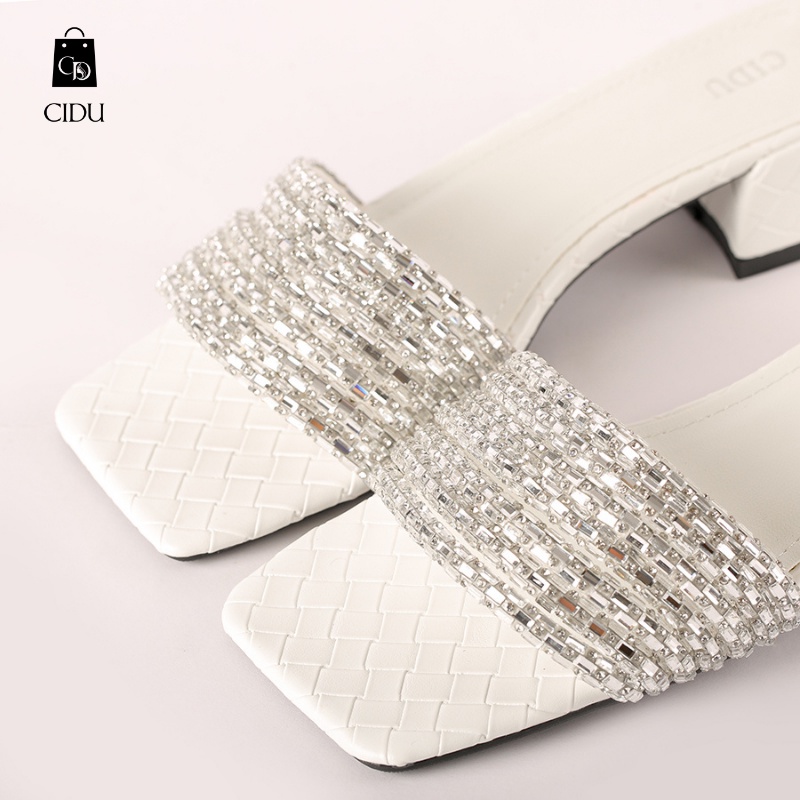 Dép Mũi Vuông Đính Đá Thời Trang Nữ Cao Cấp Gót Cao 4cm Chống Trơn Trượt Phong Cách Trẻ Trung Sang Trọng Cidu GN01