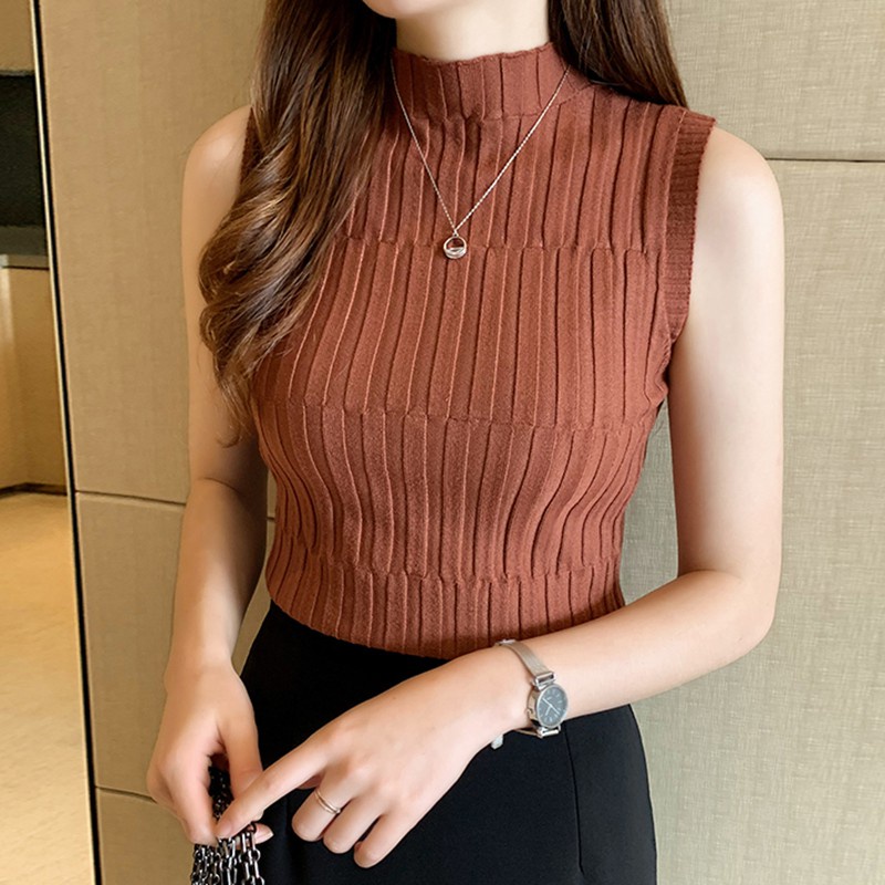 Áo Dệt Kim Không Tay Cổ Lọ Màu Sắc Trơn Phong Cách Retro Dành Cho Nữ