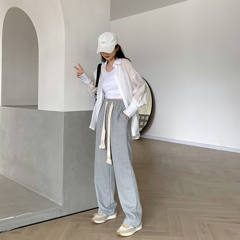 Quần Ống Rộng Lưng Cao Màu Trơn Phong Cách Hàn Quốc Thời Trang Dành Cho Nữ