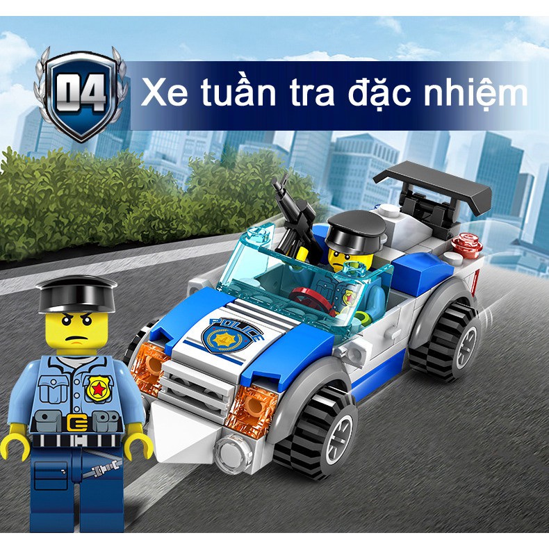 Bộ xe cảnh sát 4 in 1 trò chơi mô hình lắp ráp thông minh phát triển trí tuệ mảnh nhỏ 3-6 tuổi