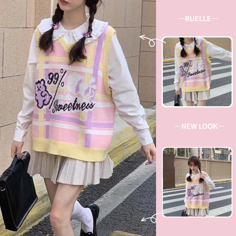 Áo dệt kim không tay in hoạt hình đáng yêu thời trang Nhật Bản