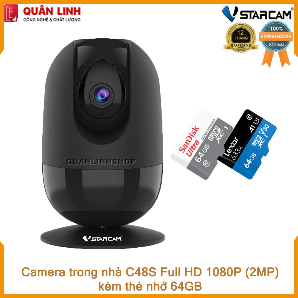 Camera giám sát Wifi IP hồng ngoại ban đêm Vstarcam C48s Full HD 1080P (2MP) kèm thẻ 64GB