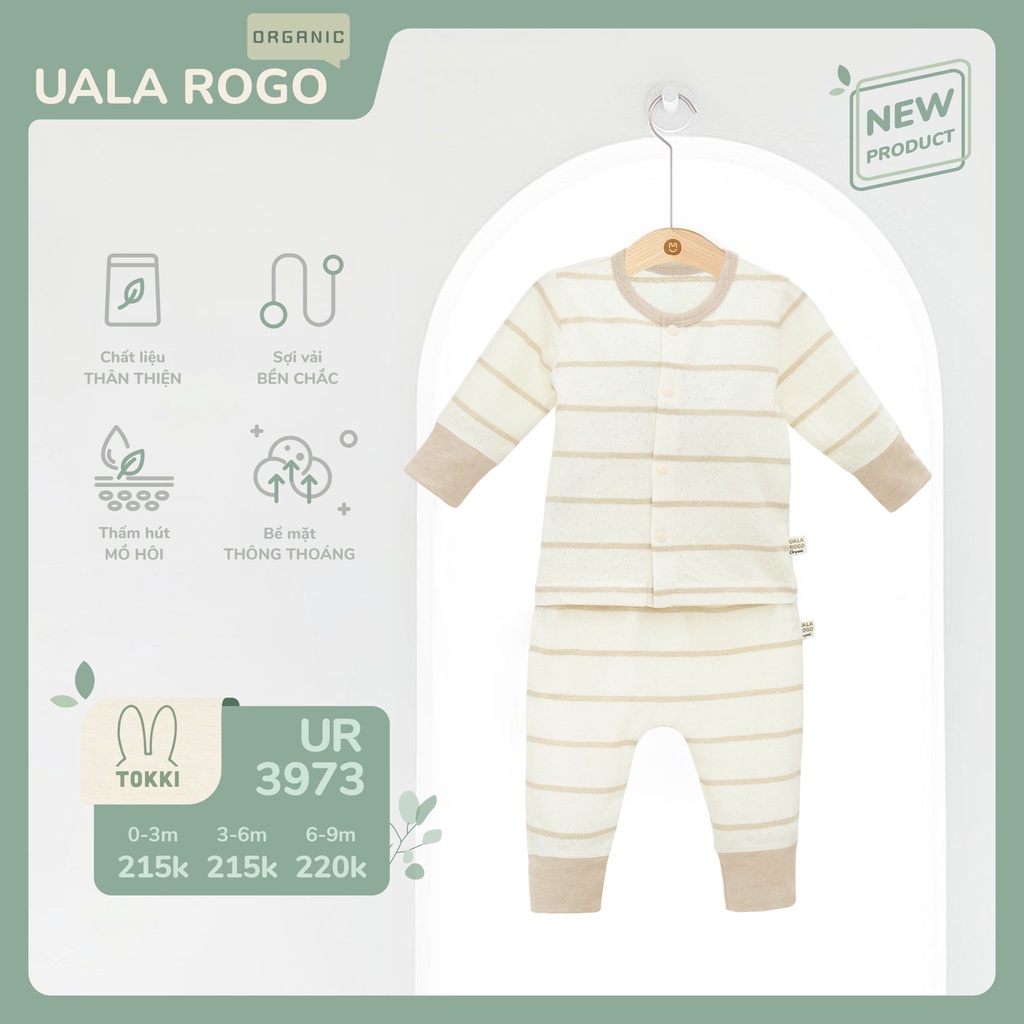 Bộ sơ sinh dài tay Ualarogo 0-9 tháng cúc giữa cổ tròn vải cotton thấm hút co giãn 3973