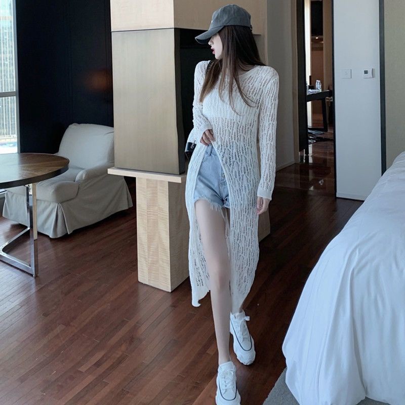 Áo sweater Dệt Kim Mỏng Màu Trơn Dáng Dài Chống Nắng Thiết Kế Khoét Lỗ Thời Trang Cho Nữ