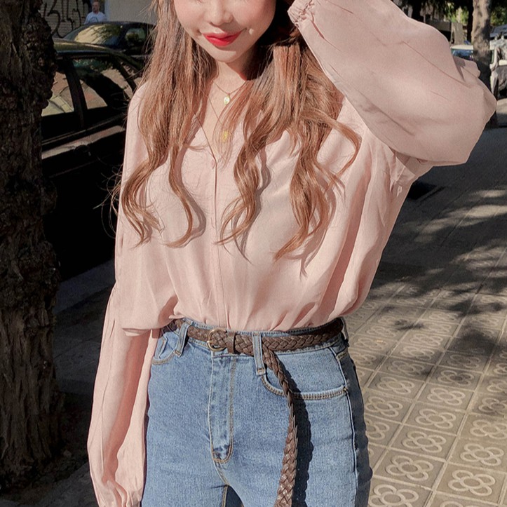 Áo sơ mi Peppermint 37124 tay dài cổ tròn màu trơn thời trang cho nữ