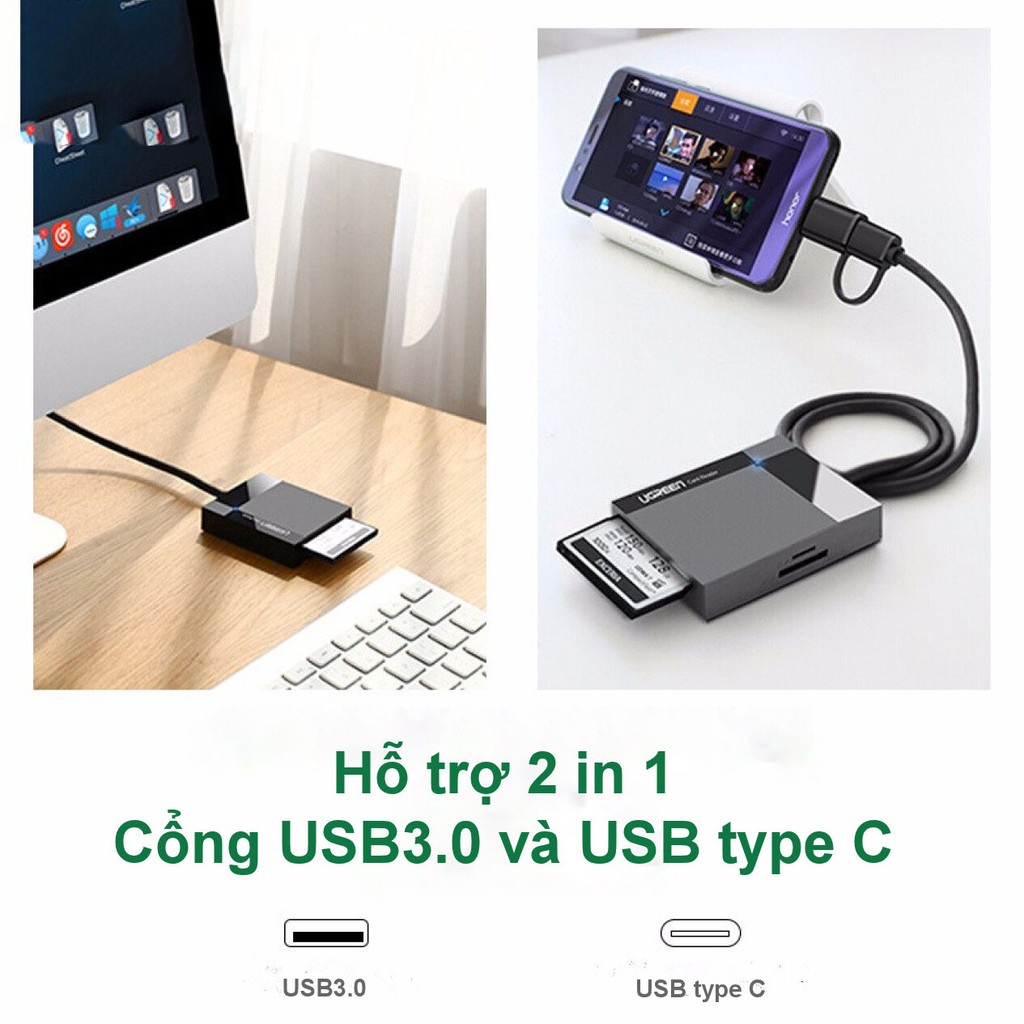 Đầu đọc thẻ hỗ trợ cổng 2 in 1 USB 3.0 / USB type C cho thẻ CF / SD / MS / TF chức năng OTG dài 50cm UGREEN CR125