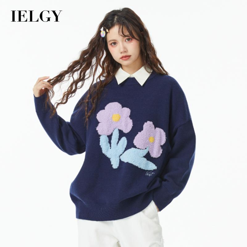 Áo sweater IELGY dệt kim cổ tròn in hoa phối màu tương phản dễ thương cho nữ