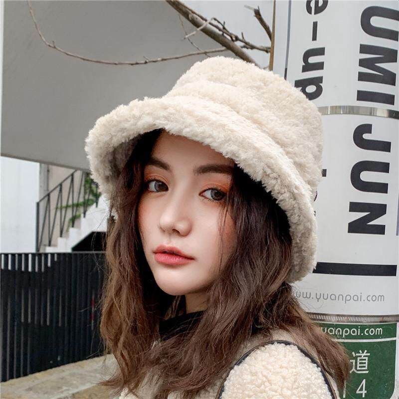 Mũ Bucket Lông Cừu Màu Trơn Phong Cách Hàn Quốc Thời Trang Thu Đông Cho Nữ