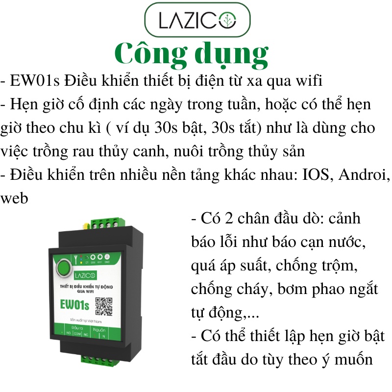 Điều khiển thiết bị qua wifi bằng điện thoại cho máy bơm có báo cạn nước, báo áp suất cao LAZICO EW01s