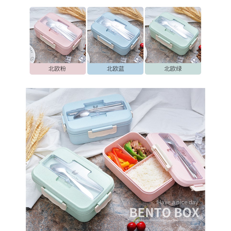 Hộp cơm bento chất liệu nhựa lúa mạch kèm đũa thìa inox tiện dụng