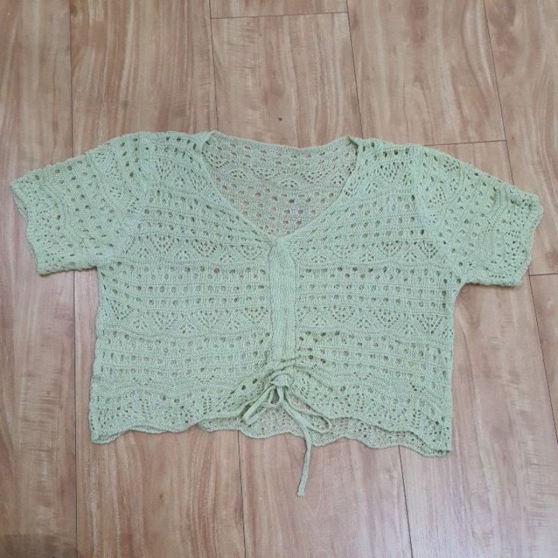 Áo len móc croptop rút dây, hình thật