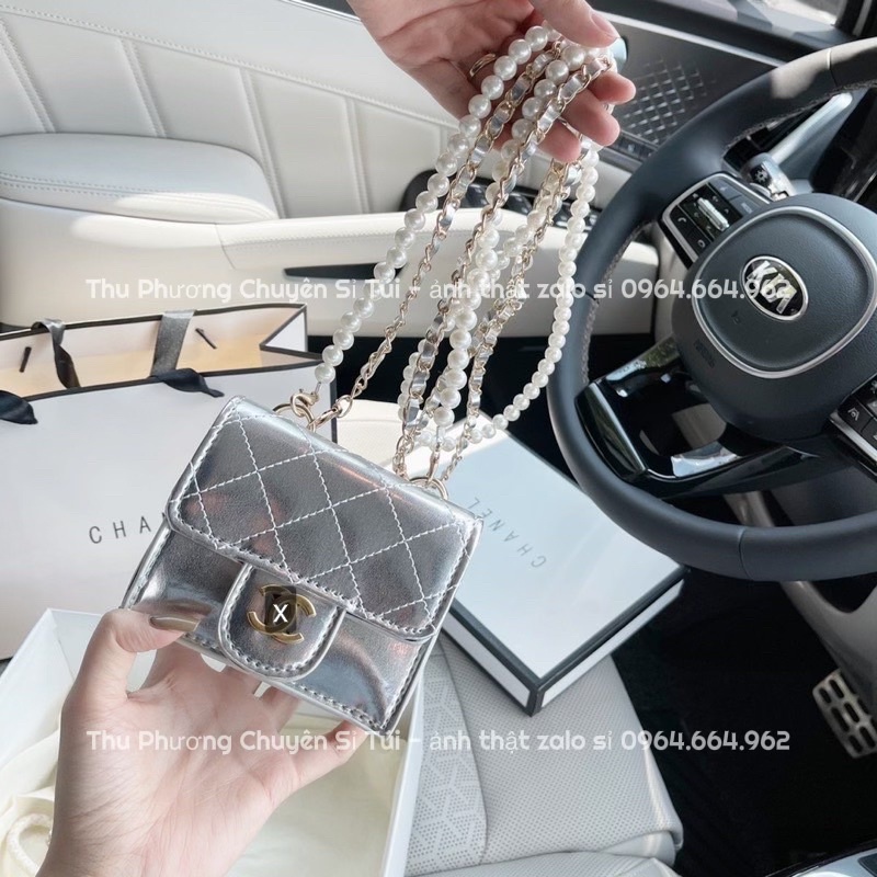 Túi mini đeo chéo CN logo x, hai dây xích và dây ngọc (hàng chuẩn ảnh)