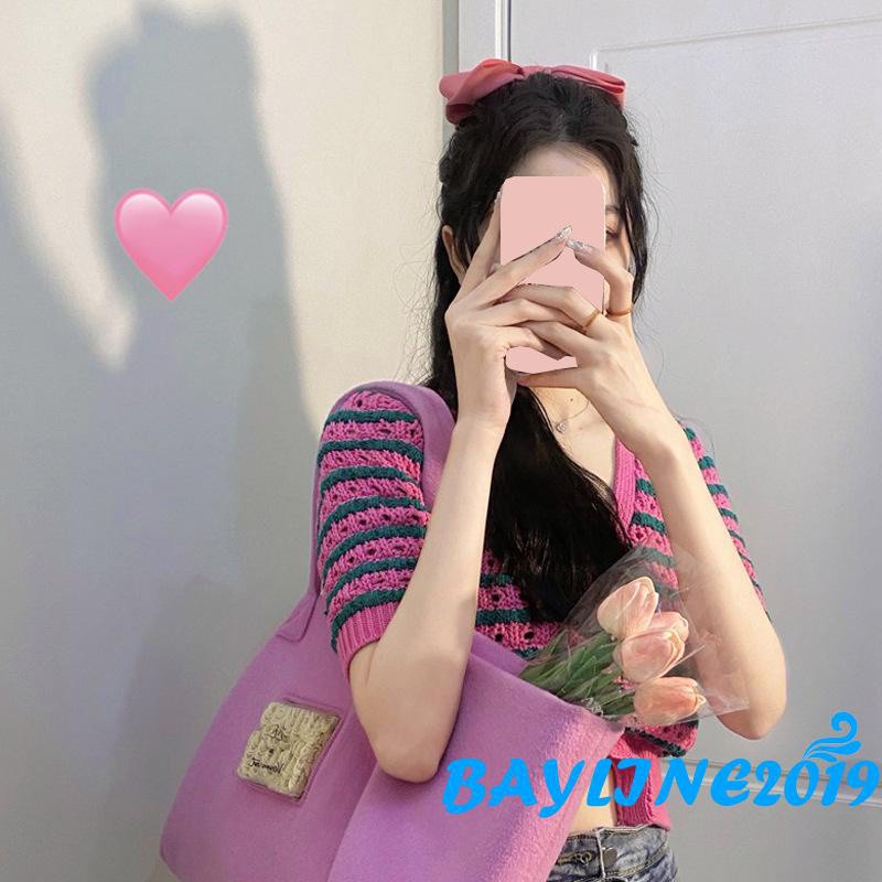 Áo Cardigan Tay Ngắn Cổ Chữ V Cài Nút Họa Tiết Kẻ Sọc Thanh Lịch Cho Nữ