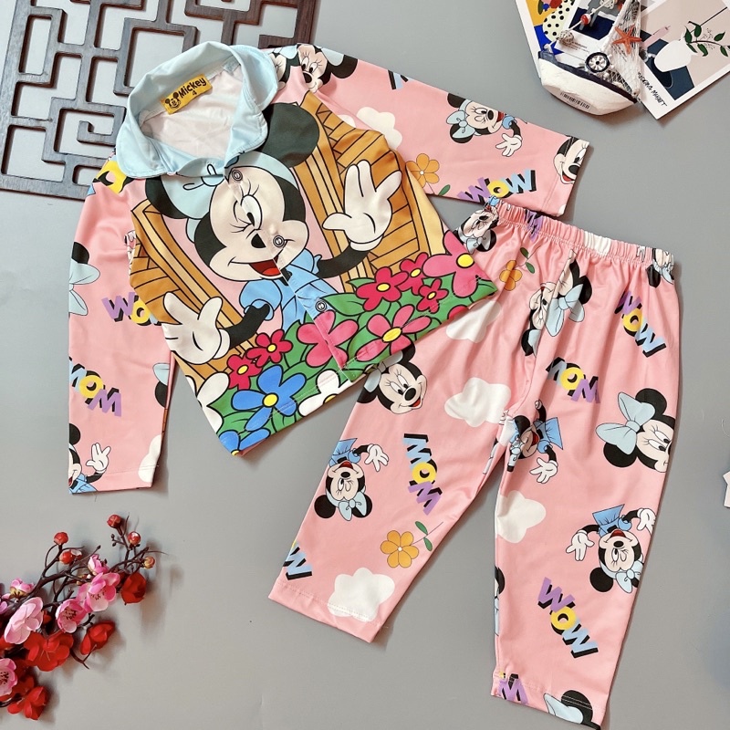 Đồ bộ bé gái dài tay, bộ pijama cho bé mặc nhà mặc ngủ thun lạnh mềm mát in hình dễ thương 10-21kg