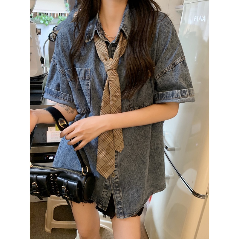 Áo Sơ Mi Denim Tay Ngắn Dáng Rộng Phối Túi Thời Trang Mùa Hè Cho Nữ