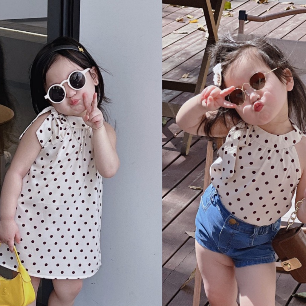 Set Đồ Mùa Hè 48 Giờ Gồm Đầm Công Chúa Sát Nách In Họa Tiết Chấm Bi Và Quần Ngắn Denim Cho Bé Gái 5 Tuổi