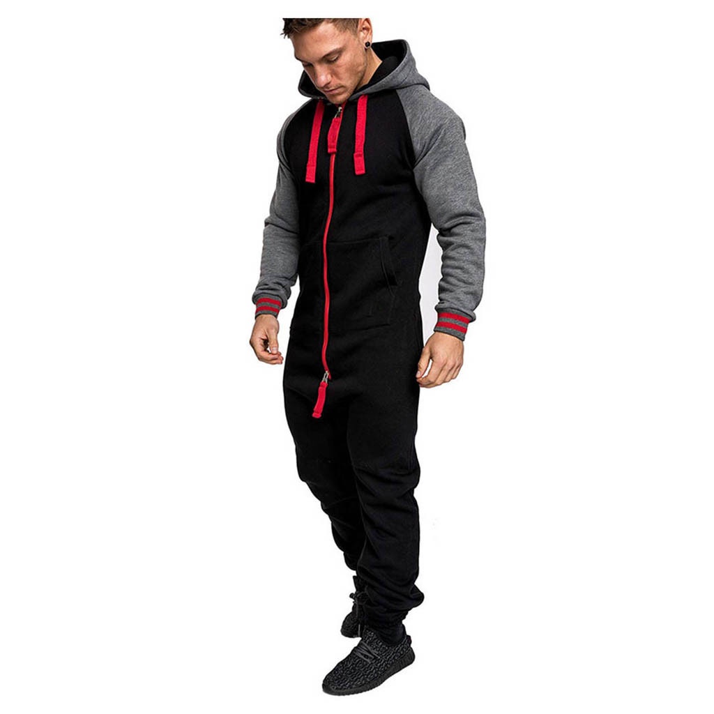 janesame_Men Pure Color Splicing Autumn Winter Casual Hoodie Print Zipper Print Jumpsuit