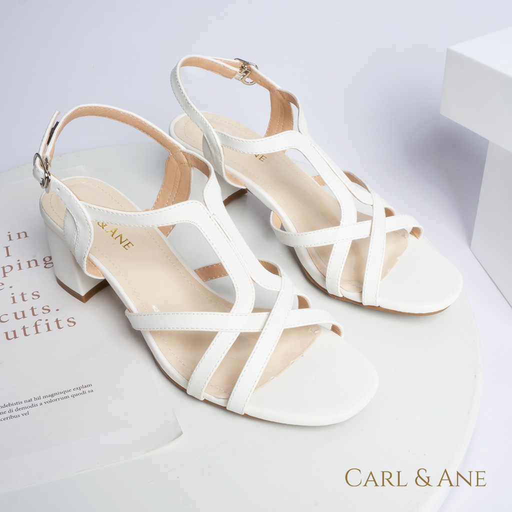 Carl &amp; Ane - Giày sandal phối dây nữ mũi vuông gót cao 5cm màu trắng _ CS002