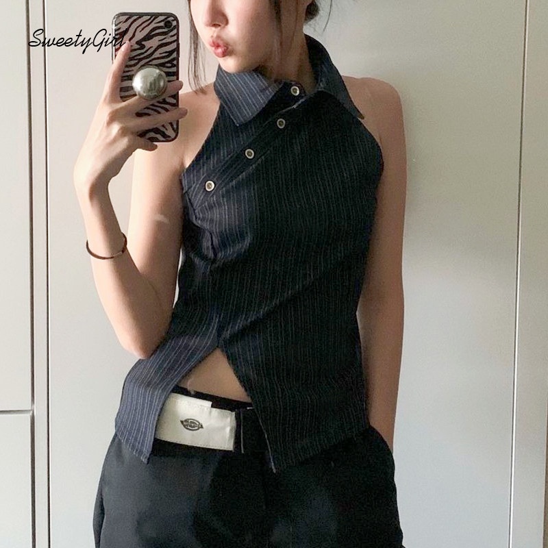 Áo Thun Polo Không Tay Họa Tiết Kẻ Sọc Thời Trang Sành Điệu Cho Nữ