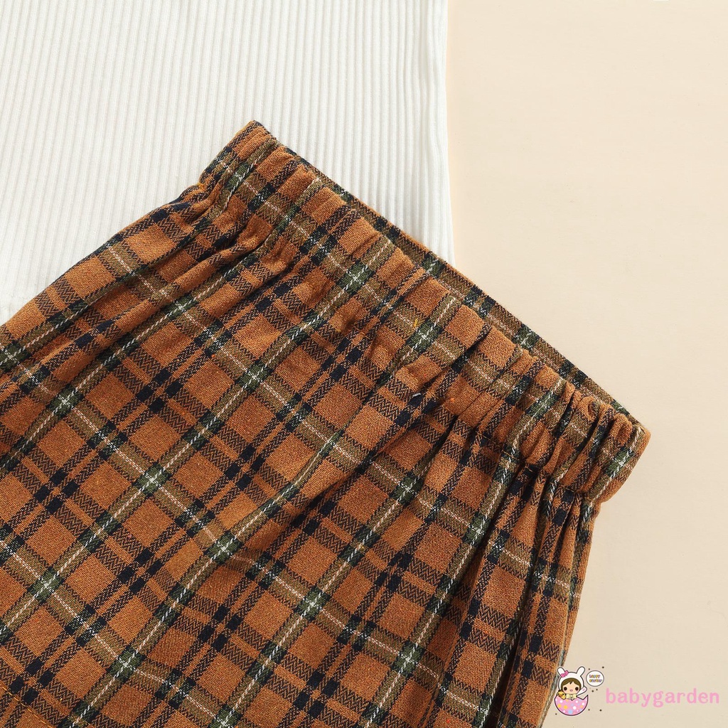 Bộ Áo Croptop Cổ Cao Màu Trơn + Chân Váy Ngắn Sọc Caro Thời Trang Mùa Hè Cho Bé Gái 1-6 Tuổi