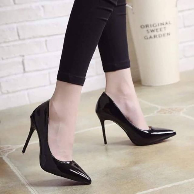 Cao gót nhọn da bóng 9p